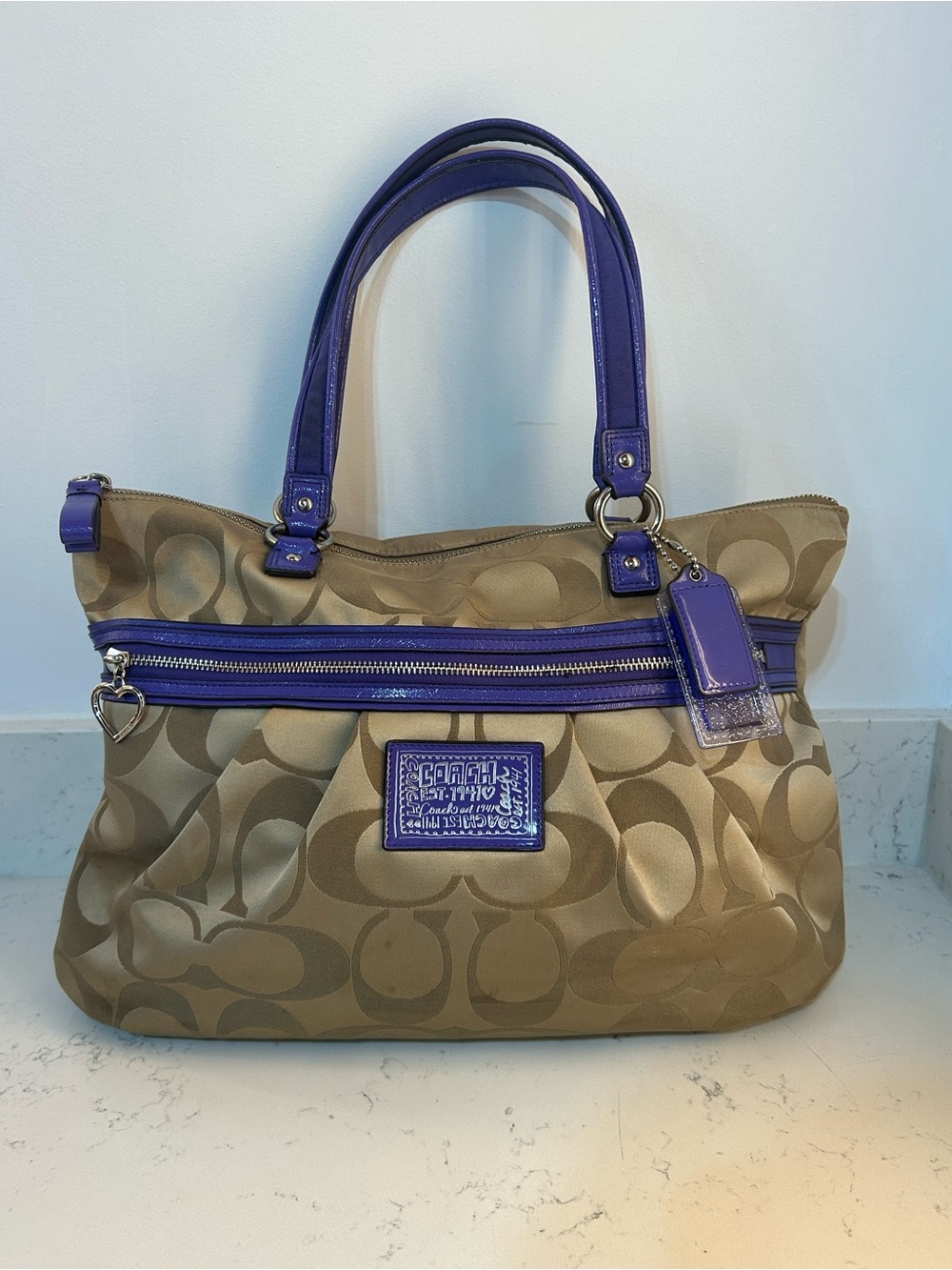 Y2k Coach Poppy Daisy Signature Sateen Large Tote Bag - Khaki & Purple